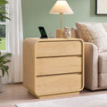 Farmhouse Nightstand, 25" Tall Wood Bedside Table with Charging Station, 3 Storage Drawers Side Table, Large End Table Night Stand for Bedroom, Office, Sofa, Curved Profile, Natural