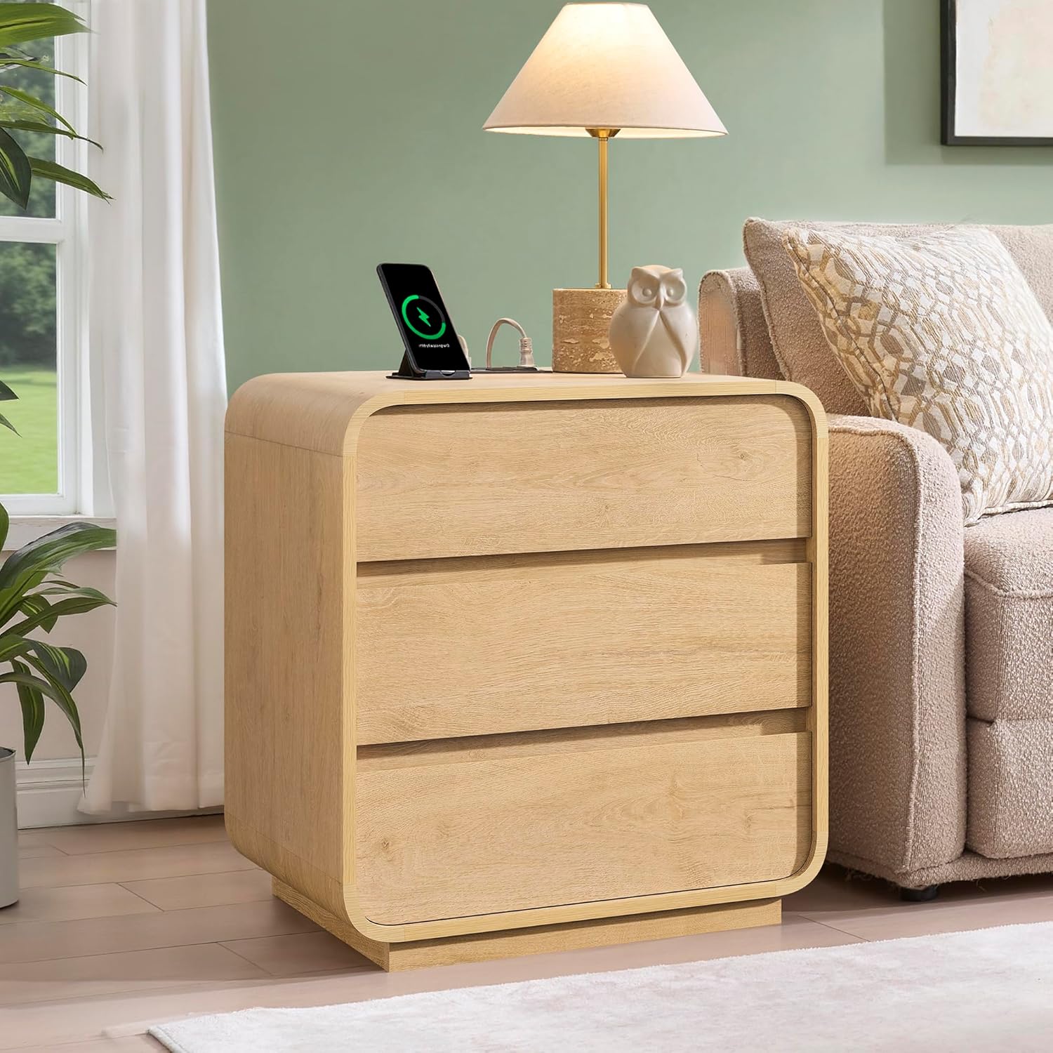 Farmhouse Nightstand, 25" Tall Wood Bedside Table with Charging Station, 3 Storage Drawers Side Table, Large End Table Night Stand for Bedroom, Office, Sofa, Curved Profile, Natural