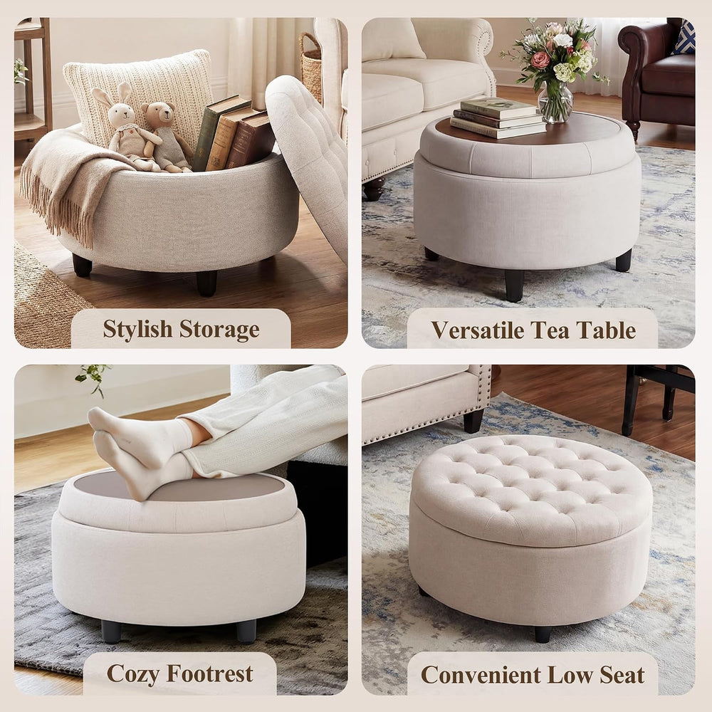 COLAMY Fabric Round Storage Ottoman with Reversible Tray Lid – Multi-Function...