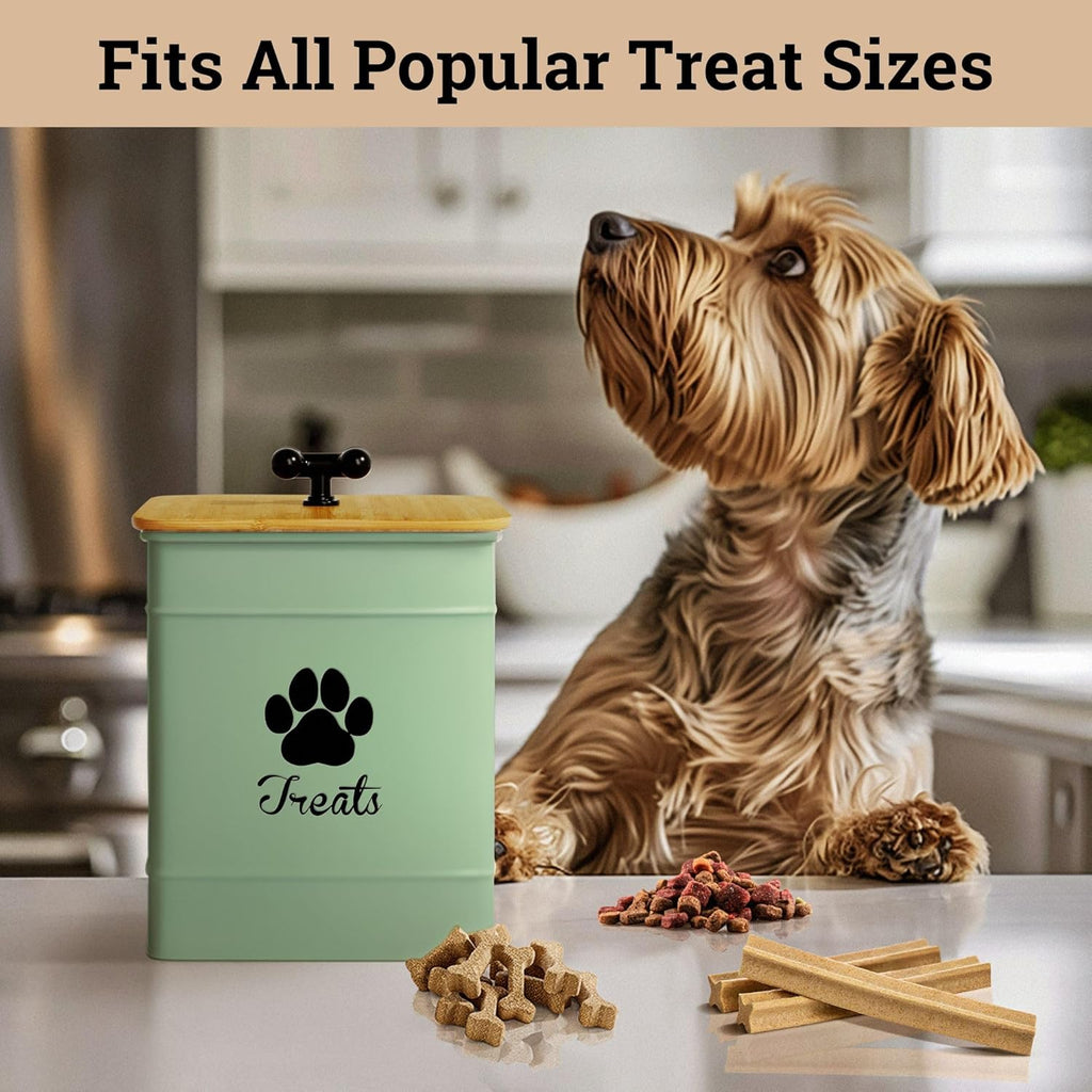 Dog Treat Container Airtight - 6 Inch Wide x 8 Inch Tall Iron Dog Treat Jar for Kitchen Counter with Airtight Bamboo Lid - 12 Cup Capacity Pet Treat Container - Doggie Cookie Jar - Big Treats Canister