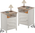 Nightstands Set of 2 with Charging Station, Farmhouse Night Stand with Open Shelf, Bedside Tables with Enclosed Cabinet, Wooden End Table with USB Ports & Outlets for Bedroom
