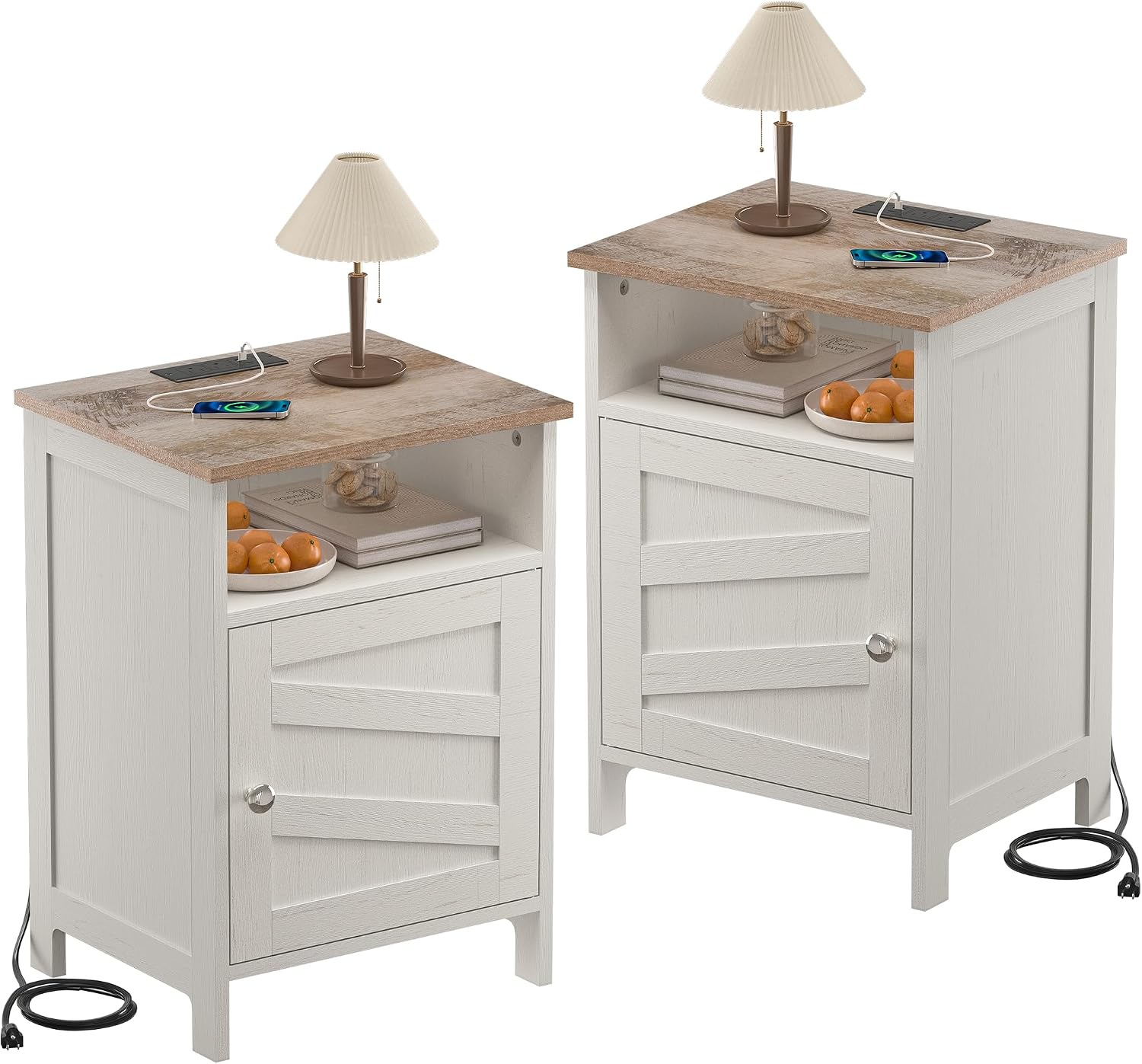 Nightstands Set of 2 with Charging Station, Farmhouse Night Stand with Open Shelf, Bedside Tables with Enclosed Cabinet, Wooden End Table with USB Ports & Outlets for Bedroom