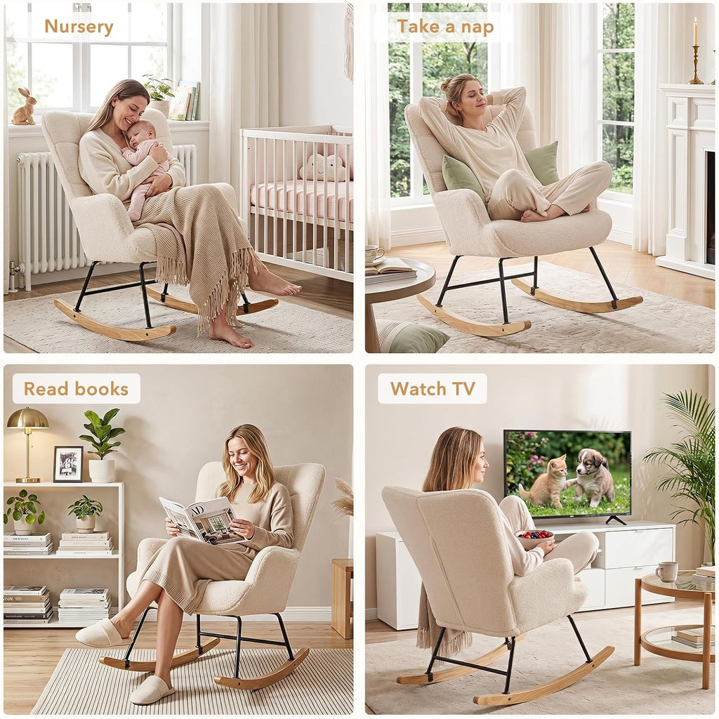 Furniliving Nursery Rocking Chair Modern Armchair Upholstered Glider Rocking Chair Nursery Chair Reading Chair with High Backrest Solid Wood Base for Bedroom, Living Room, Office, White, Teddy