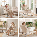 Furniliving Nursery Rocking Chair Modern Armchair Upholstered Glider Rocking Chair Nursery Chair Reading Chair with High Backrest Solid Wood Base for Bedroom, Living Room, Office, White, Teddy