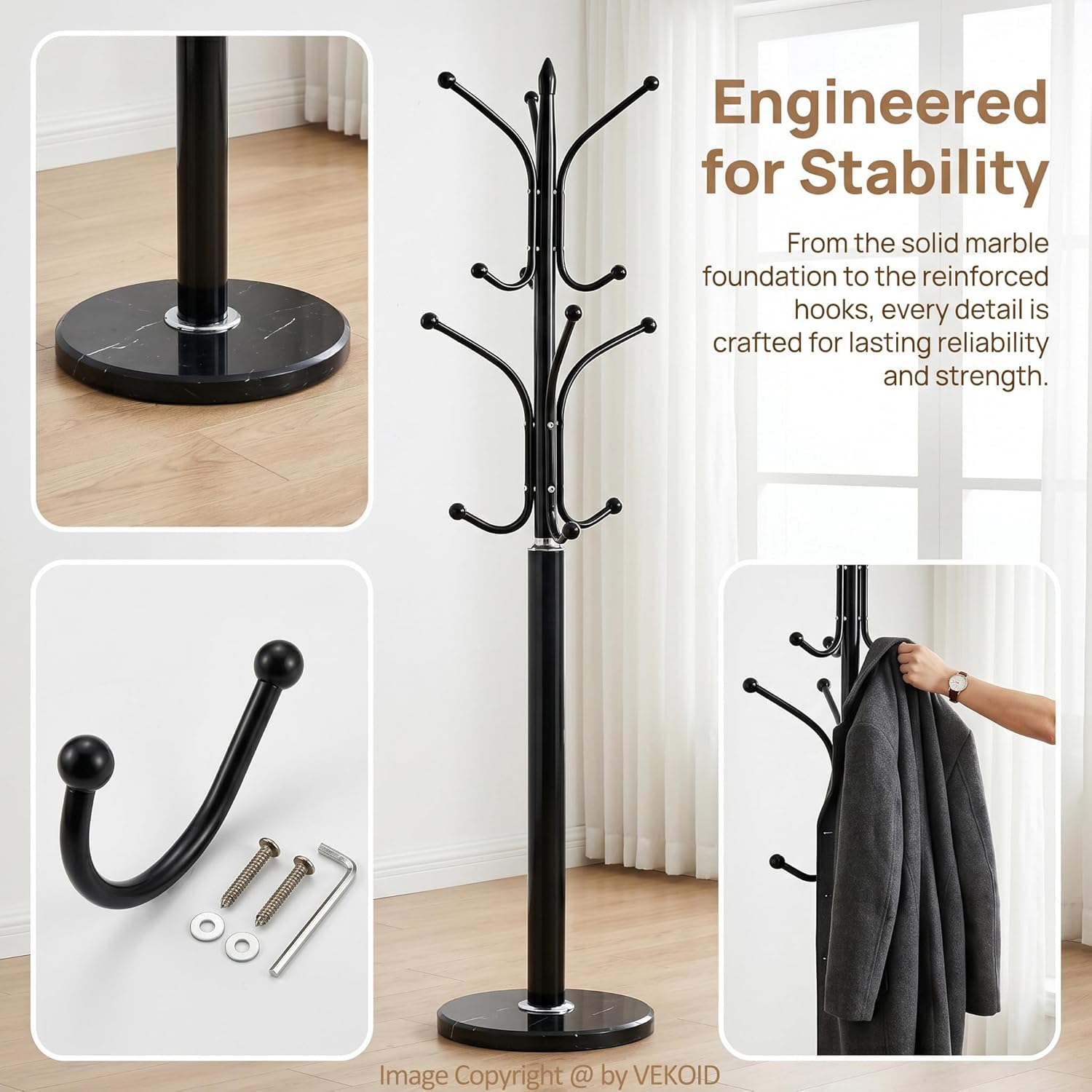 12 Hooks Metal Coat Rack Freestanding Coat Tree with Marble Base, Heavy Duty Coat Rack Stand for Clothes Hats Bags, Coat Hanger Stand for Corner Entryway Bedroom Office (Black)