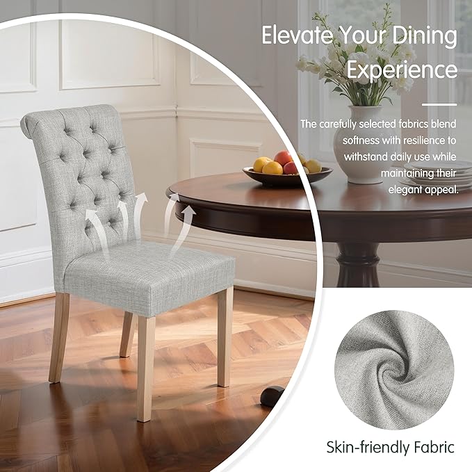 CHUN YI Dining Chairs Set of 2, Button Tufted Upholstered Fabric Dining Room Chairs with Solid Wood Legs and Curved Back, Parsons Side Chairs for Kitchen, Light Grey