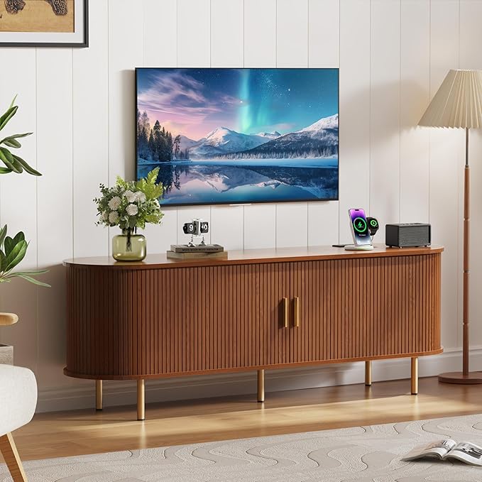 DHH 63 Inch Mid Century Modern TV Stand with Power Outlet for TVs up to 70 Inch, Entertainment Center with Storage and Adjustable Shelves, Media Console with Sliding Doors for Living Room(Walnut)