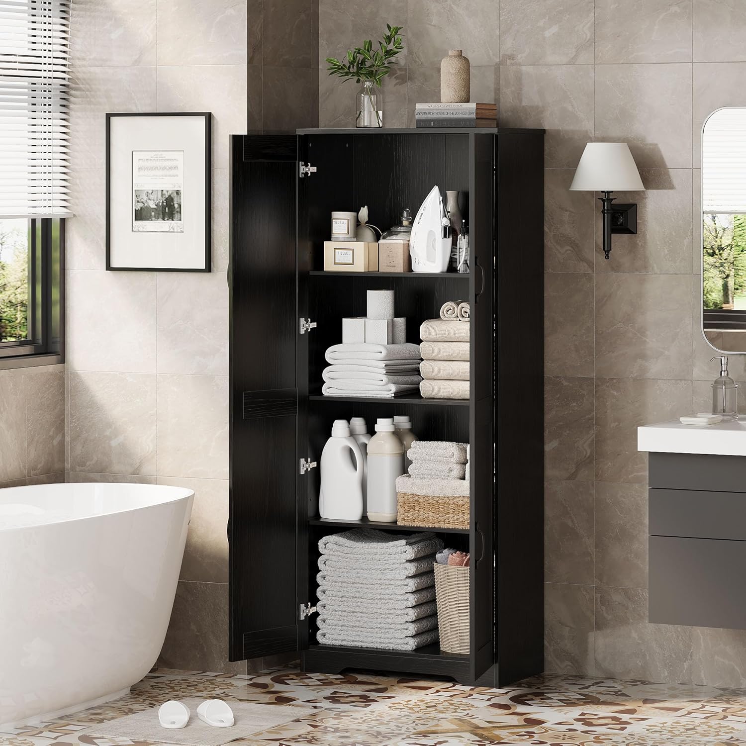 GAOMON Adjustable Shelf Storage Cabinet 60" Tall Black, 2-Door Pantry with Shelves for Kitchen Organization, Bathroom Storage, Living Room