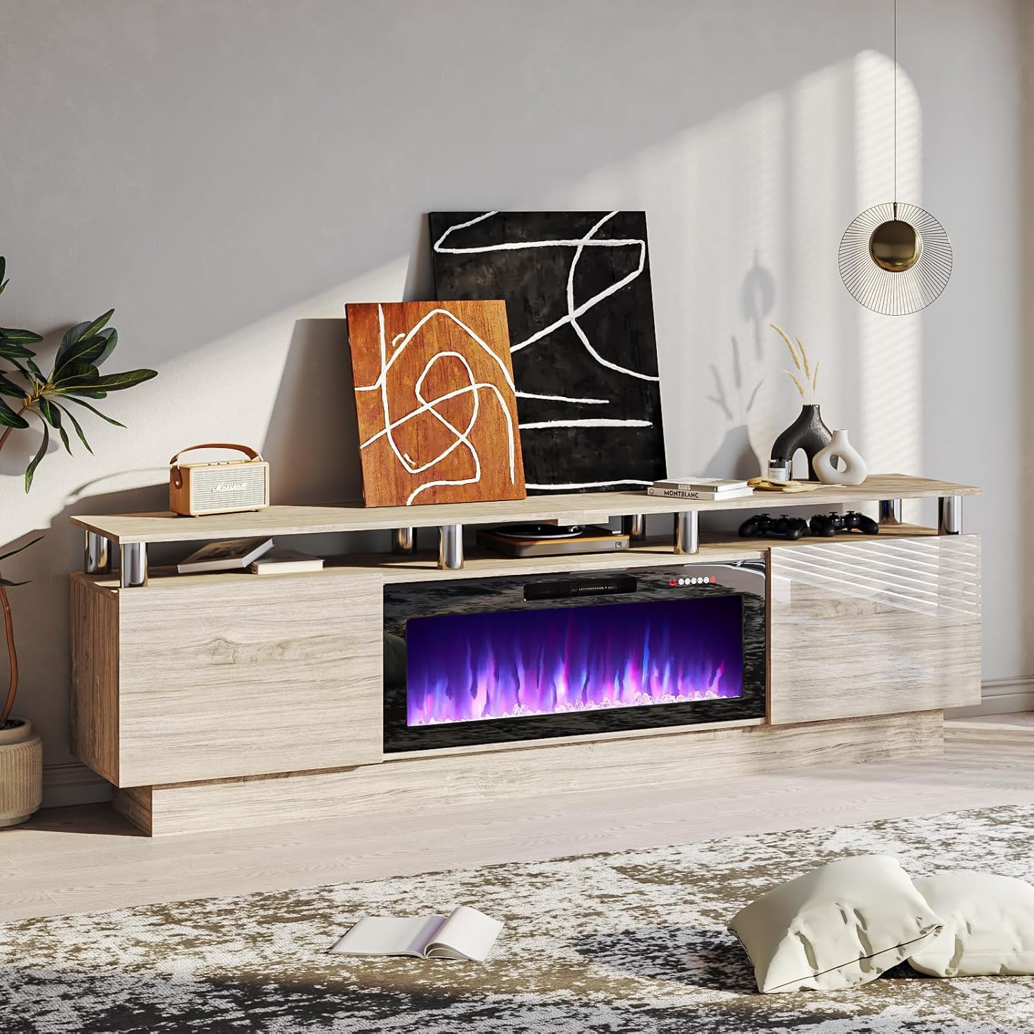 PRETZI 80" Modern Fireplace TV Stand with 36" Electric Fireplace for TVs Up to 90 inch, Luxury LED Light Entertainment Center with High Gloss Cabinet (Grey + Silver Post, 80 inches)
