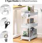 SOLEJAZZ 3 Tier Rolling Storage Cart with Wheels Slim Craft Nail Makeup Snack Art Baby Utility Cart Organizer on 2 Lockable Wheels for Bathroom Laundry Room Kitchen Bedside Narrow Spaces, White