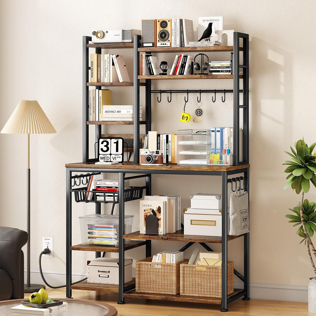 SNTD Baker Rack with Power Outlet - Microwave Stand with Storage, Large Coffee Bar Station with 14 Hooks, Metal Kitchen Shelf Rack for Spices, Pots (Rustic Brown) | with Power Outlet