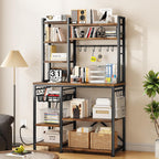 SNTD Baker Rack with Power Outlet - Microwave Stand with Storage, Large Coffee Bar Station with 14 Hooks, Metal Kitchen Shelf Rack for Spices, Pots (Rustic Brown) | with Power Outlet