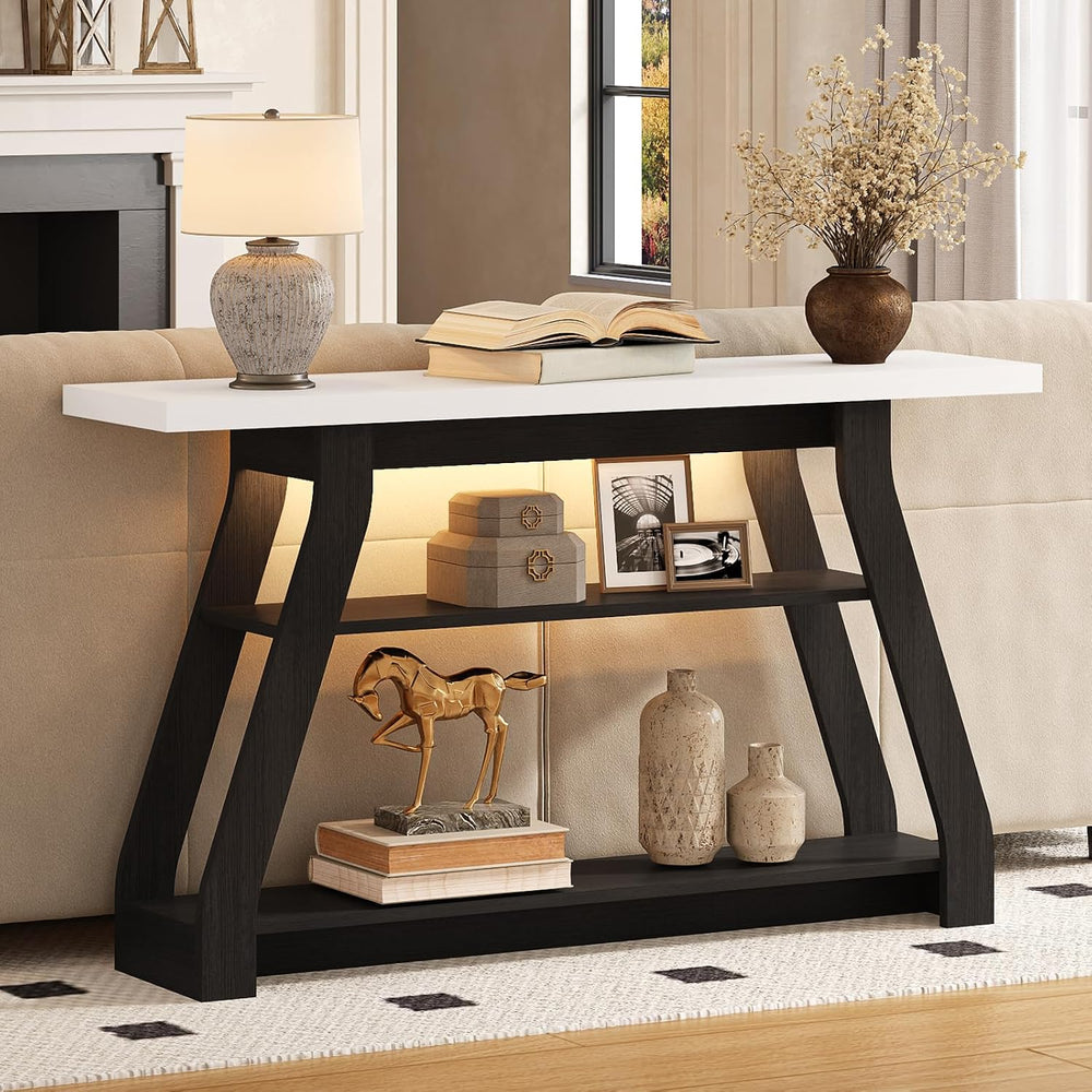 Console Table, 55-Inch Entryway Table with LED Light 3-Tier Narrow Wood Conso...