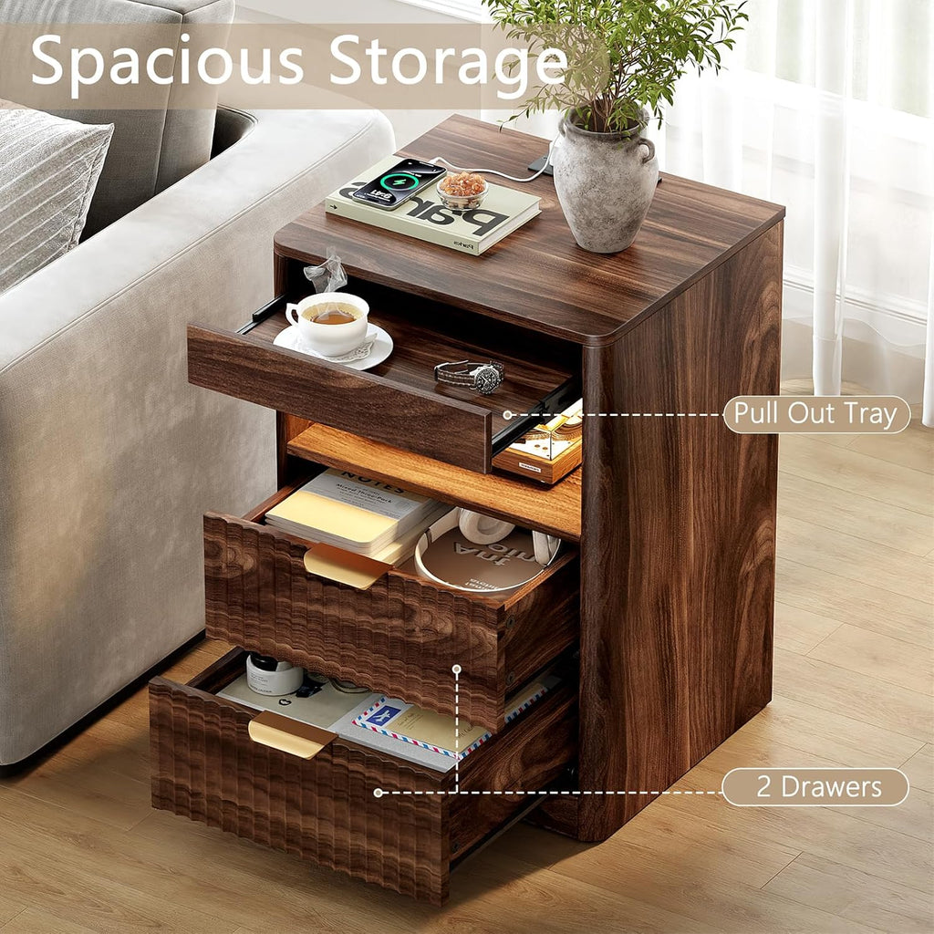 REAHOME Fluted Nightstand with Charging Station, Modern LED Night Stand with 2 Drawers and Pull Out Tray, Wood Bedside Table, End Side Table with Open Shelf for Bedroom,Walnut