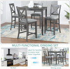 KEIKI 5-Piece Counter Height Dining Table Set with Square Table and 4 Upholstered X-Shaped Backrset Chair, for 4 Person, Modern Style Wooden Table Set, Easy Assembly, for Kitchen, Dining Room, Gray