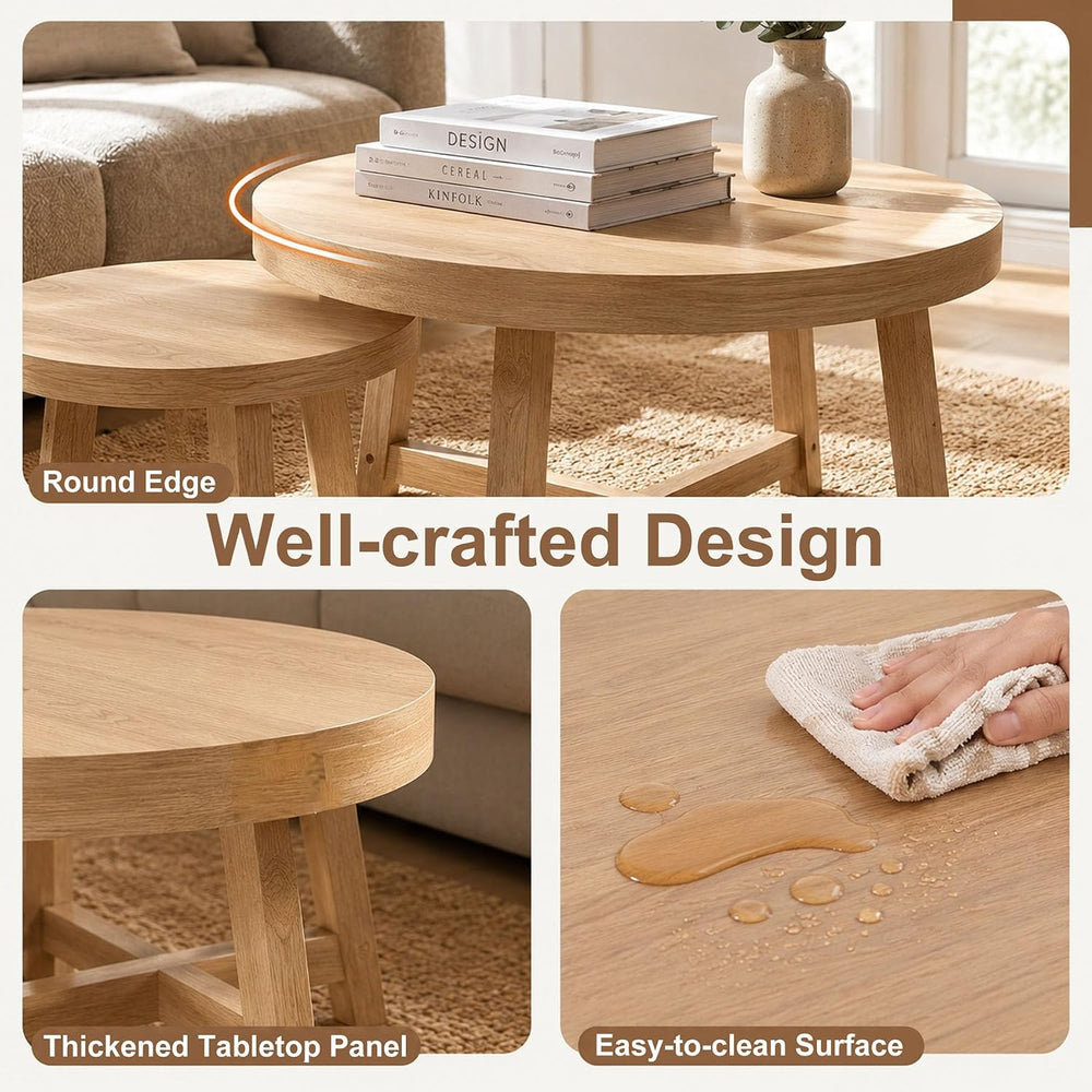Round Nesting Tables Set of 2, Modern Coffee Table for Living Room (Natural)