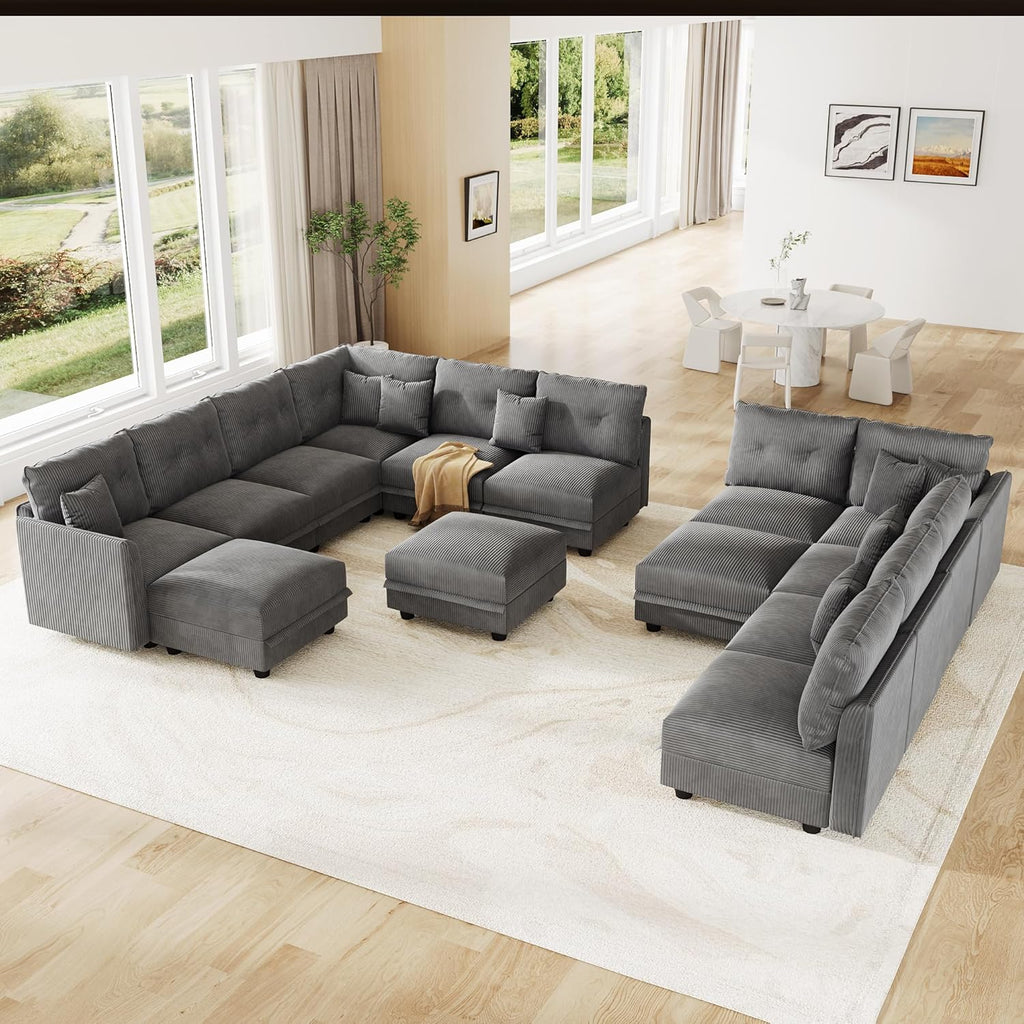 LLappuil Oversized Sectional Sofa Modular Cloud Couch with 14 Storage Seats & 12 Throw Pillows, Corduroy U Shaped Couches for Large Living Room, Rearrangable Sleeper Sofas, Scratch Resistant, Grey