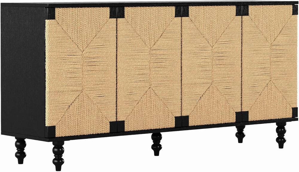 Handwoven Seagrass Doors Sideboard, 59 Inch Boho TV Stand Media Console Buffe...
