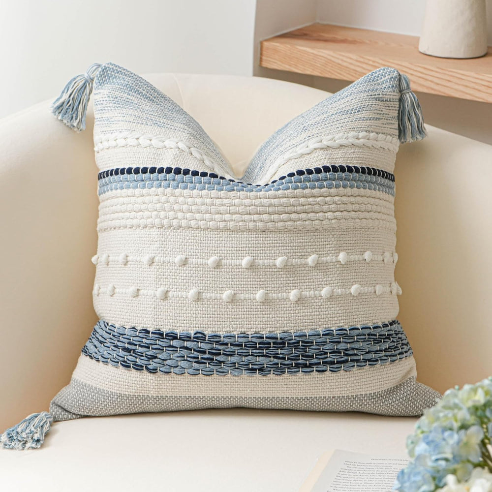 BlissBlush Coastal Blue Boho Decorative Throw Pillow Cover 20x20 Modern Bohem...