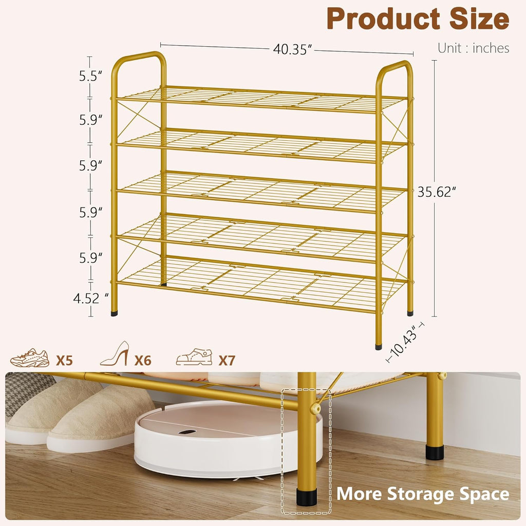 Hoctieon 5 Tier Shoe Rack for Closet, Durable Mesh Style Shoe Rack, Entryway Shoe Shelf, Shoe Storage Organizer for Hallway, Bedroom, Living Room, Wardrobe, Gold