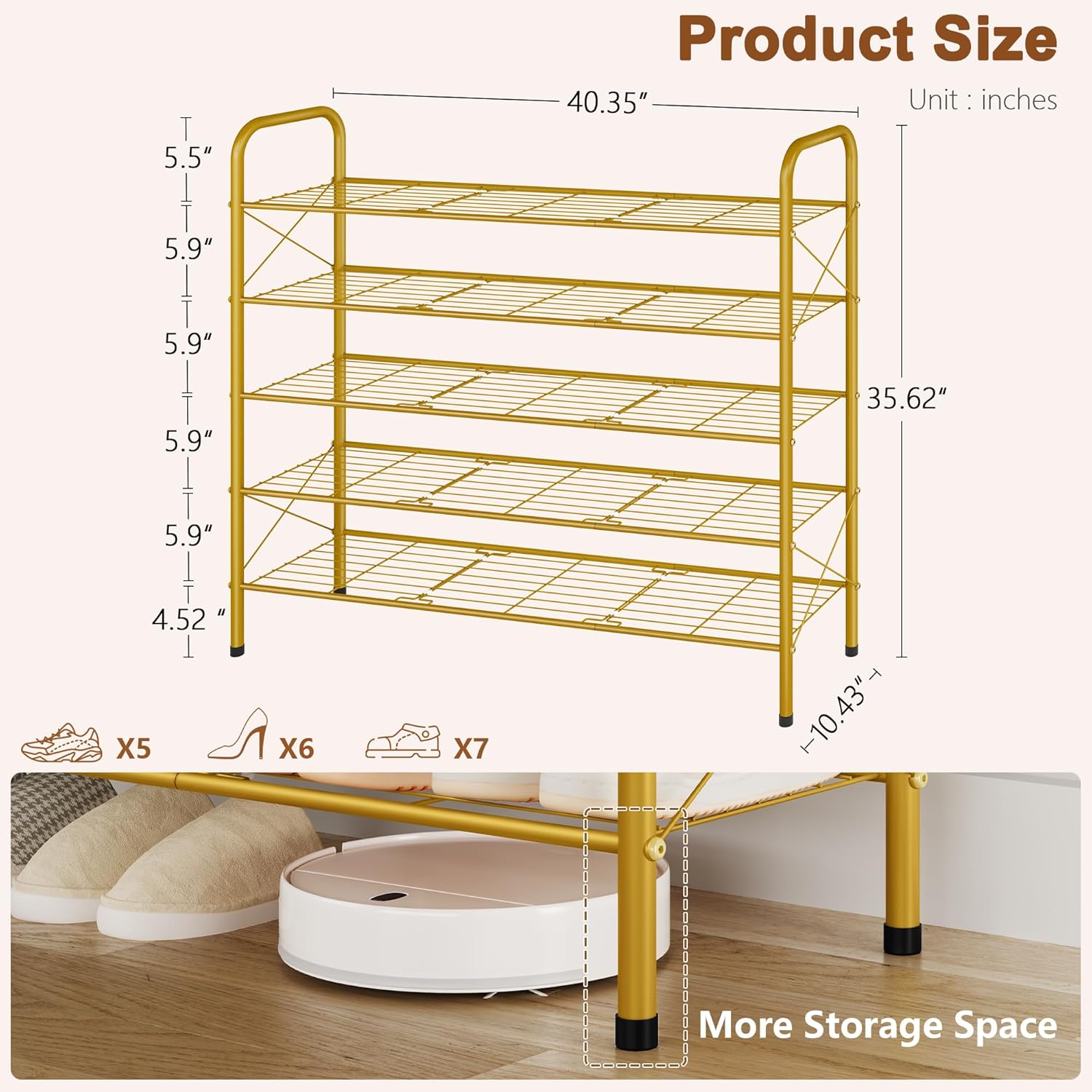 Hoctieon 5 Tier Shoe Rack for Closet, Durable Mesh Style Shoe Rack, Entryway Shoe Shelf, Shoe Storage Organizer for Hallway, Bedroom, Living Room, Wardrobe, Gold