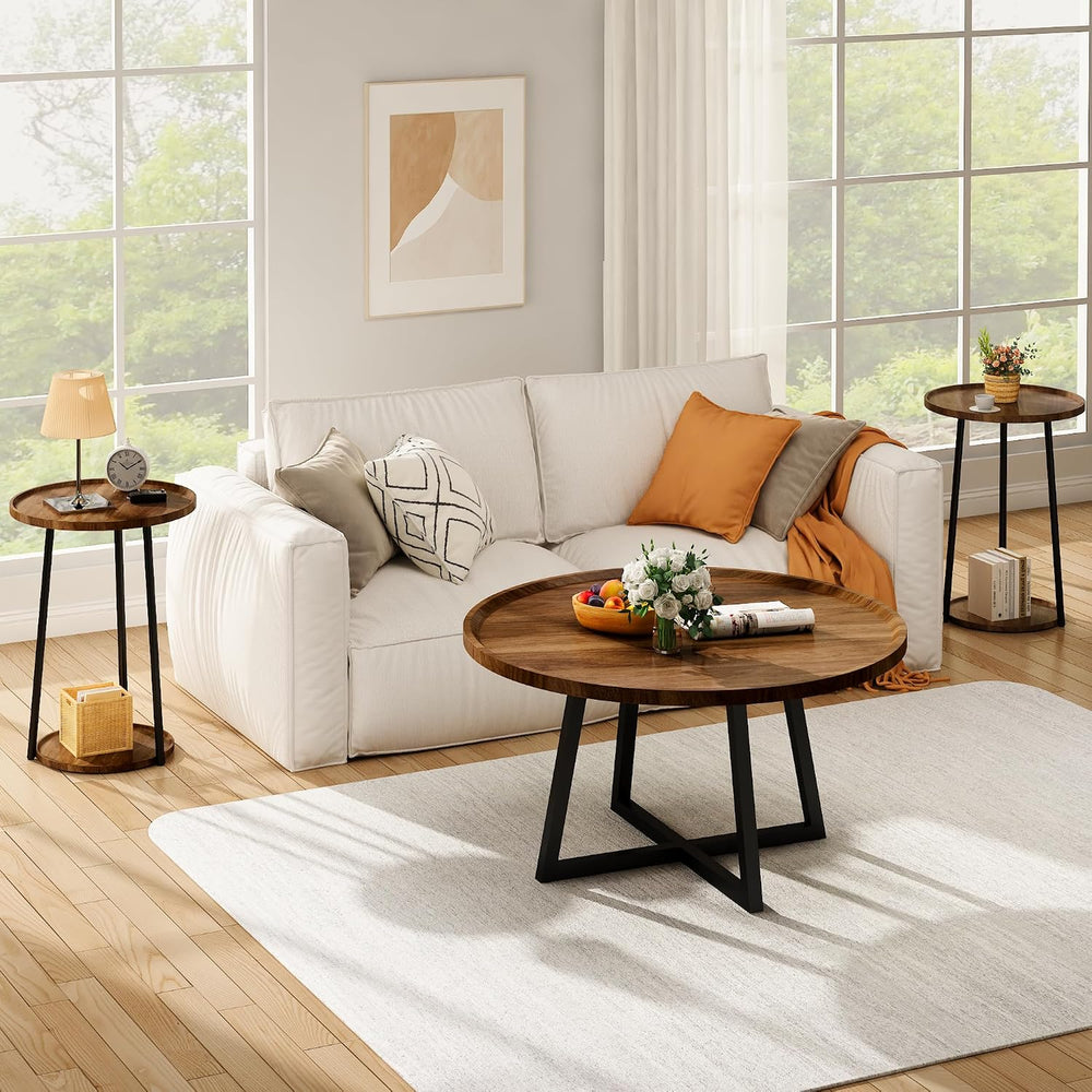 AWQM Coffee Table and End Table Sets, Round Coffee Table Set & 2 End Side...