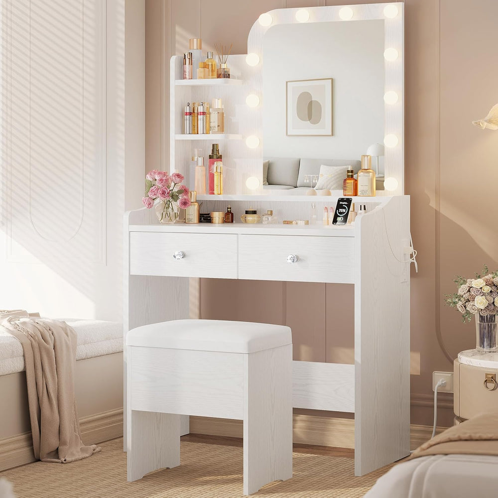 LIKIMIO Vanity Desk with Mirror Lights and Storage Stool, White | Vanity Tabl...