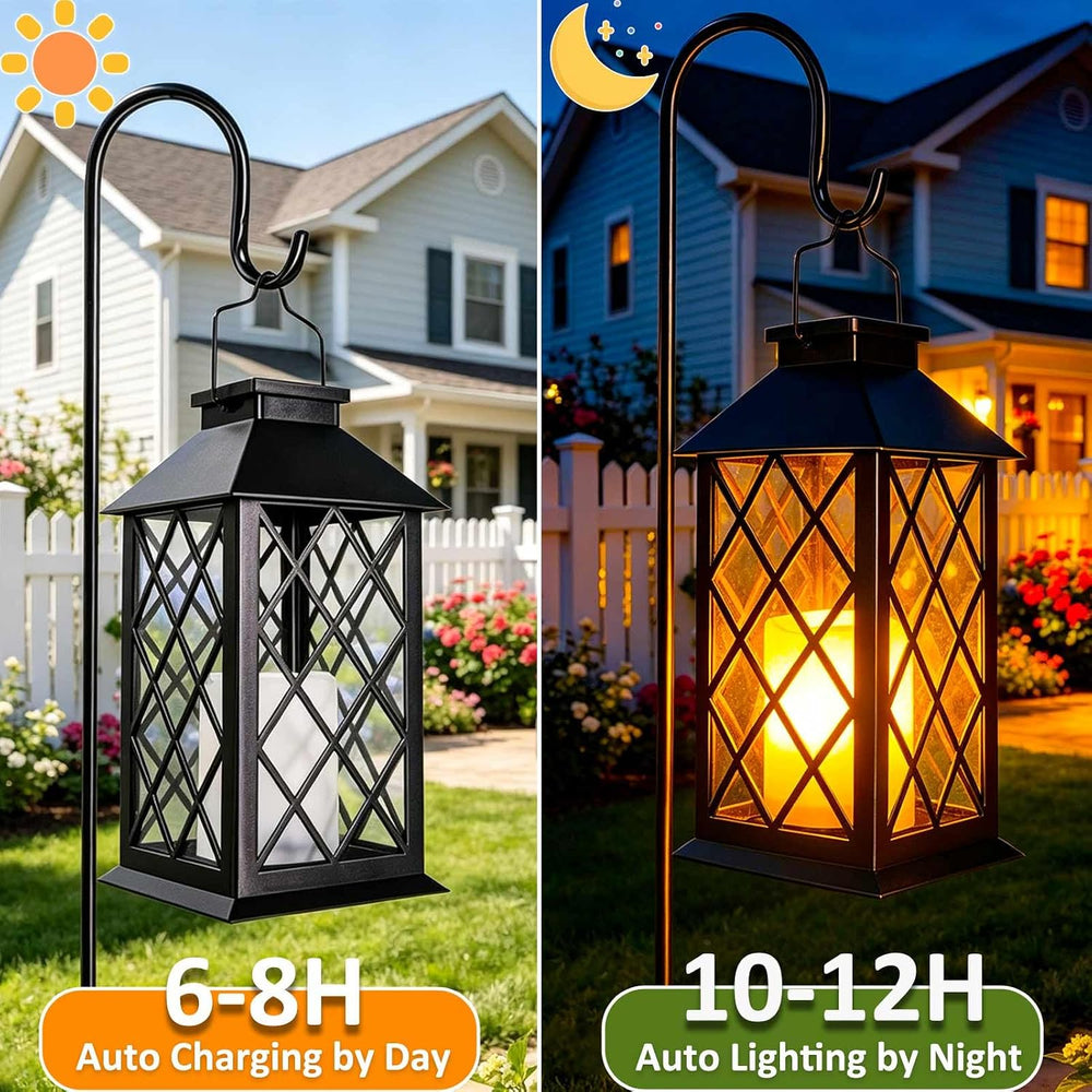 2 Pack 14" Large Tempered Glass Solar Lanterns Outdoor Waterproof, Black