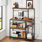HOOBRO L-Shaped Bakers Rack with Power Outlet, 4-Tier Corner Microwave Stand with Storage, Coffee Bar Station with 8 Hooks, Kitchen Shelf Rack, 2 Installation Methods, Rustic Brown and Black BF20UHB01