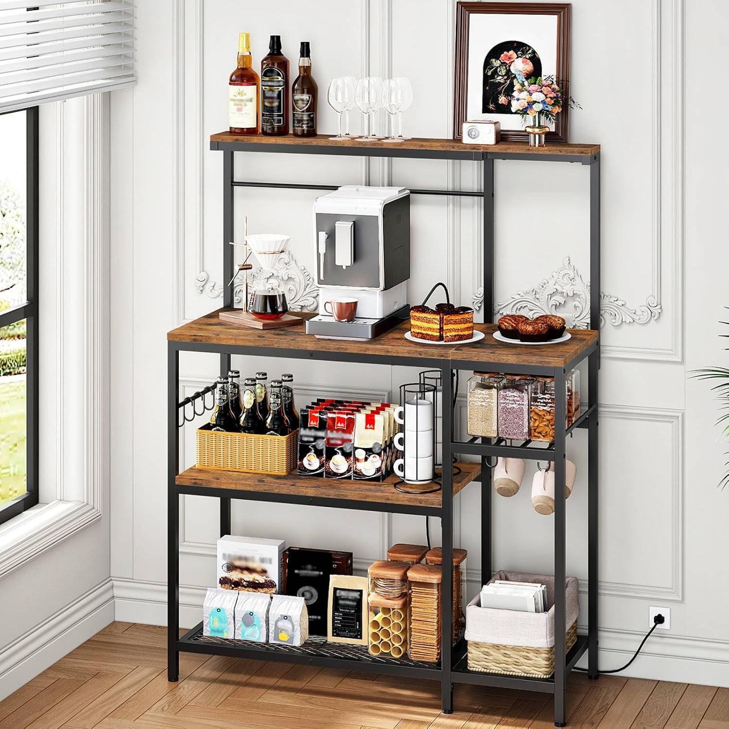 HOOBRO L-Shaped Bakers Rack with Power Outlet, 4-Tier Corner Microwave Stand with Storage, Coffee Bar Station with 8 Hooks, Kitchen Shelf Rack, 2 Installation Methods, Rustic Brown and Black BF20UHB01