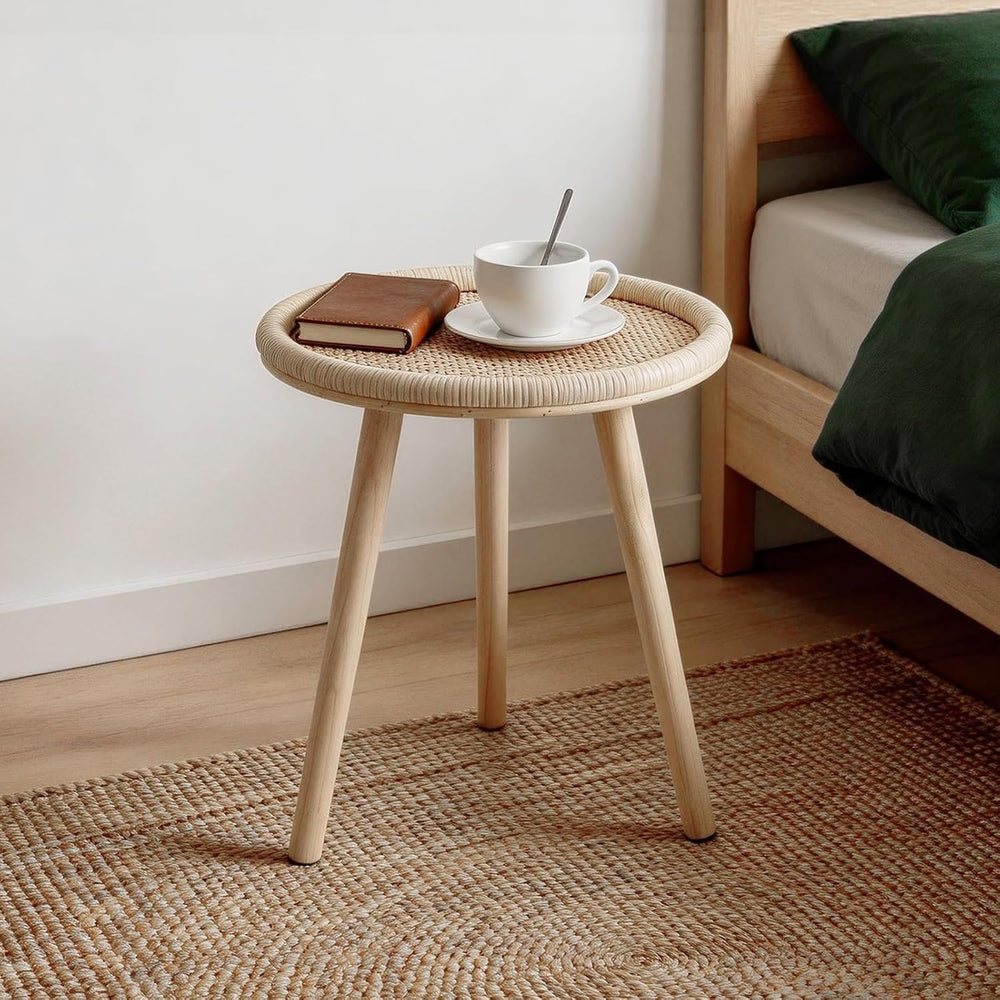 Small Rattan Side Table, Round Side Table for Living Room, Boho Wicker Coffee...