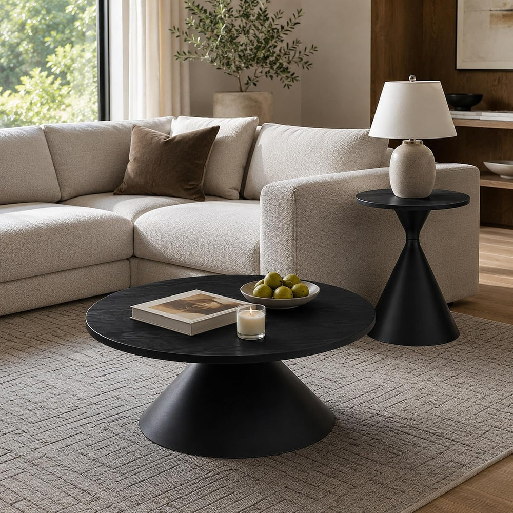 Coffee Table Set, 2-Piece Round Side Tables with Black Patterned Top & St...