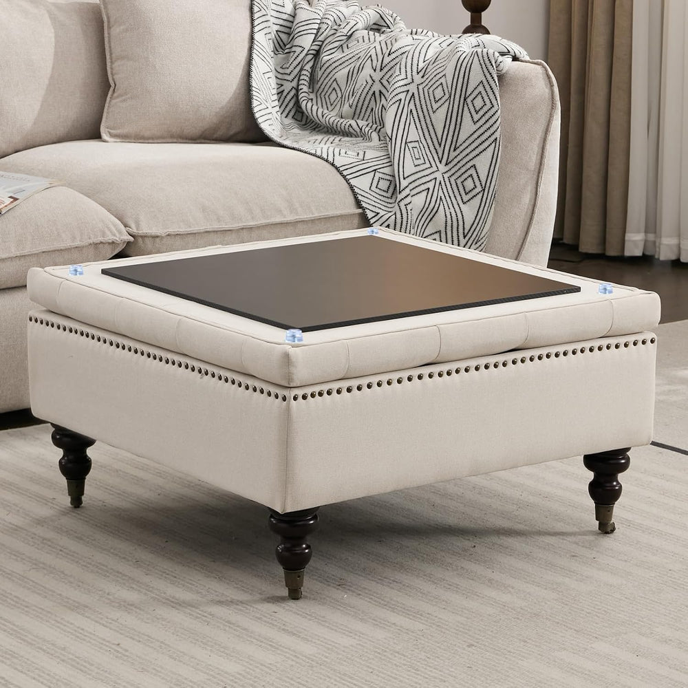 Large Square Storage Ottoman Uphlostered Tufted Button Coffee Table, Beige