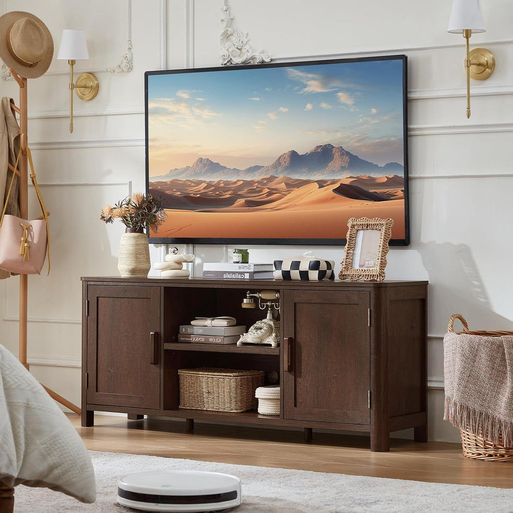 Joaxswe Farmhouse 55" Entertainment Center,Walnut Tv Stand with Adjustable Shelves & 2 Door Storage,Wooden Media Console Cabinet for TVs Up to 65 inches, Rustic Tv Stands for Living Room,Bedroom
