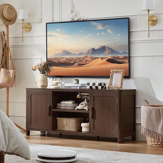 Farmhouse 55" Entertainment Center,Walnut Tv Stand with Adjustable Shelv...