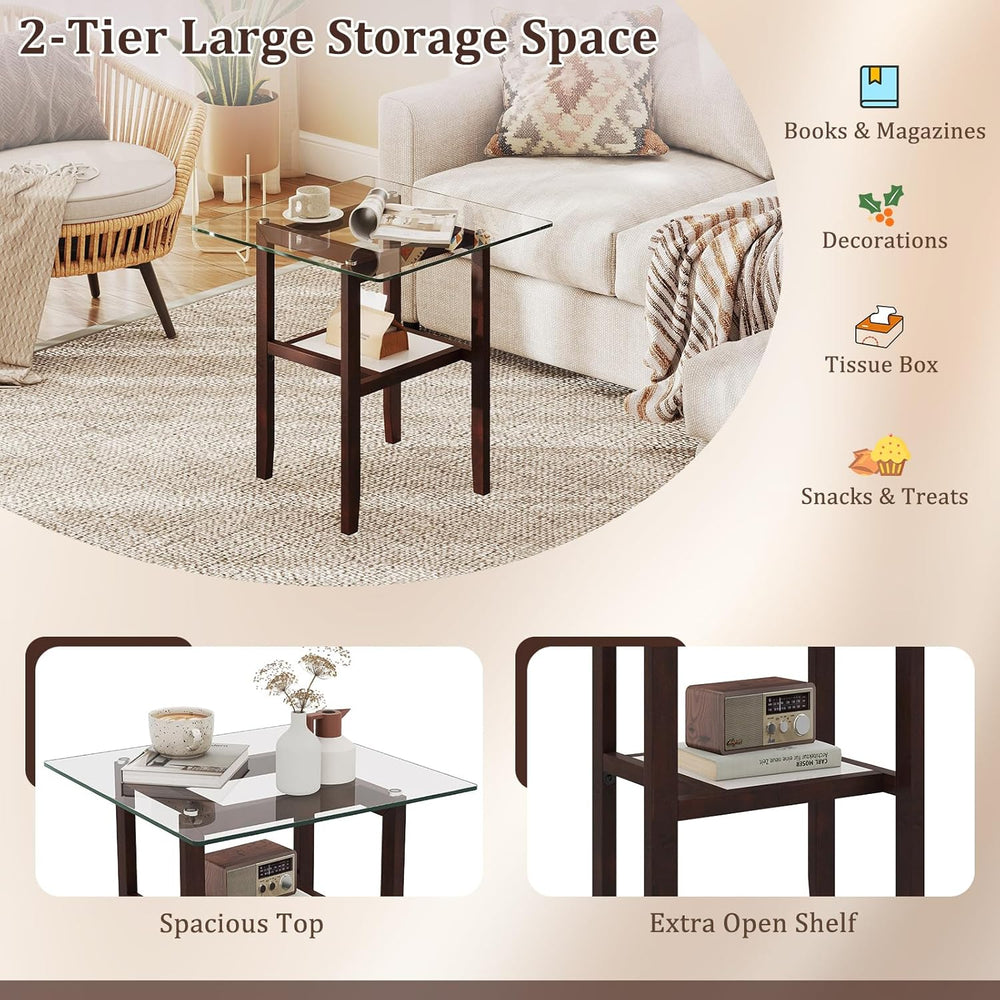 Giantex Glass End Table Set of 2, 24" Square Side Tables with Storage Sh...