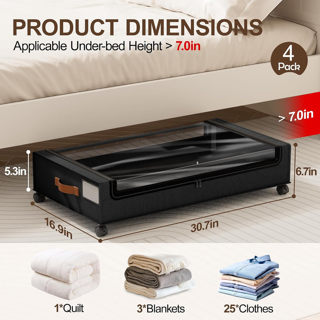 LAMU Under Bed Storage with Wheels, 4Pack Underbed Storage Containers,Black | Smooth-rolling Wheels, Clear Lid & Label, Sturdy Metal Frame, Easy Install, Rolling Storage Drawers for Clothes, Shoes, Toys