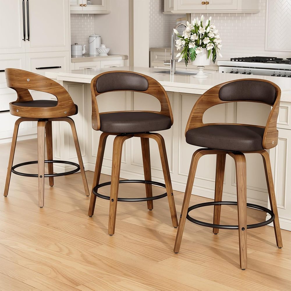 REONEY Swivel Bar Stools Set of 3, 26" Counter Height, Brown | Walnut Wo...