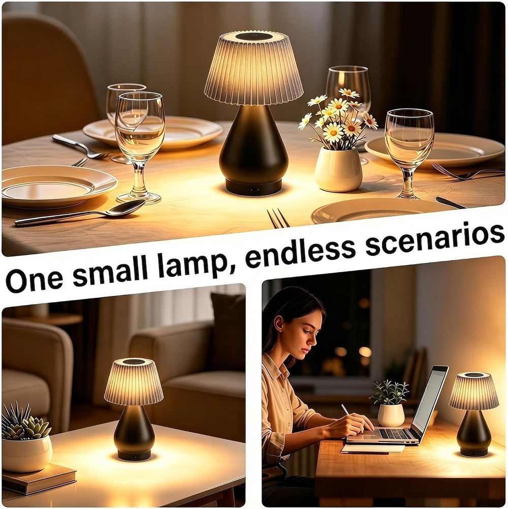 Cordless Rechargeable Small Black Bedside Touch Table Lamp,Pleated Shade