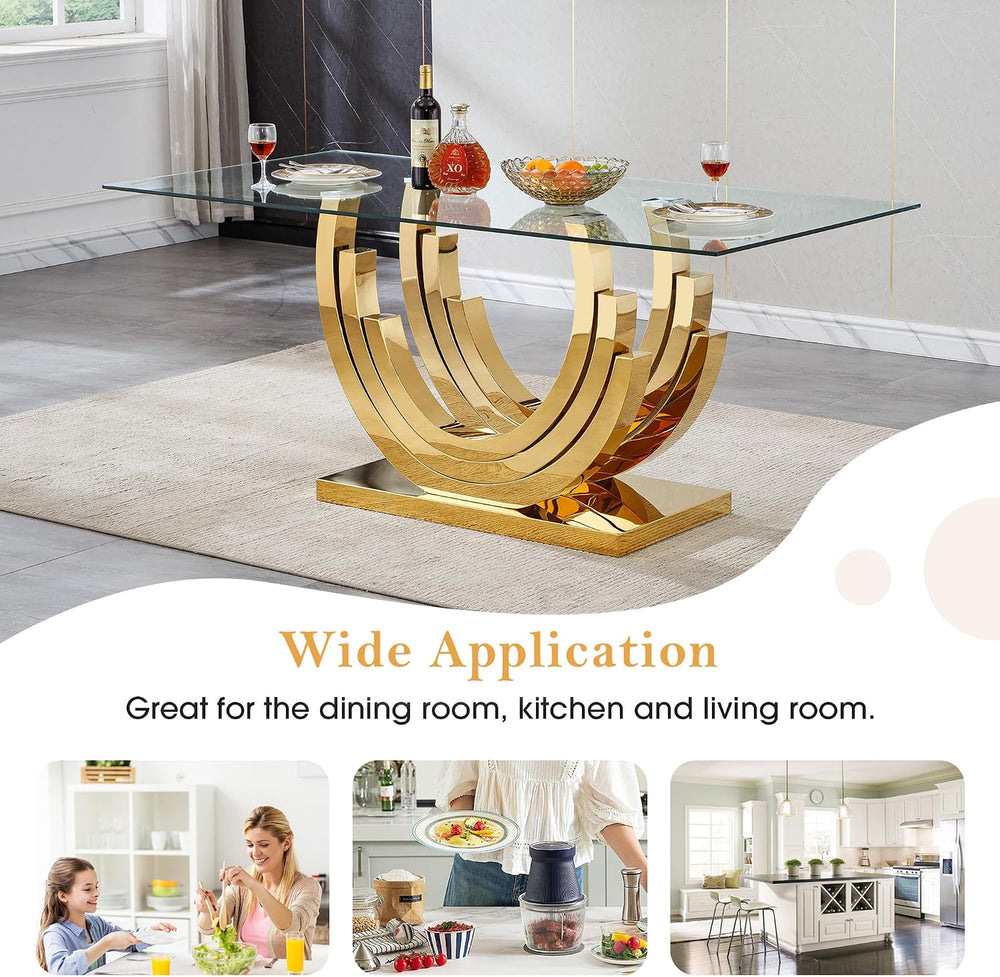 70 inch Tempered Glass Dining Table, Rectangular Glass Kitchen Table with Gol...