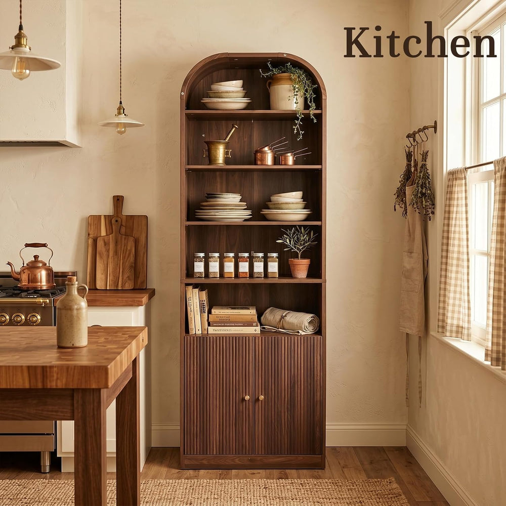 71" Tall Arched Bookshelf with Door, 7 Tiers Arched Bookcase with Storag...