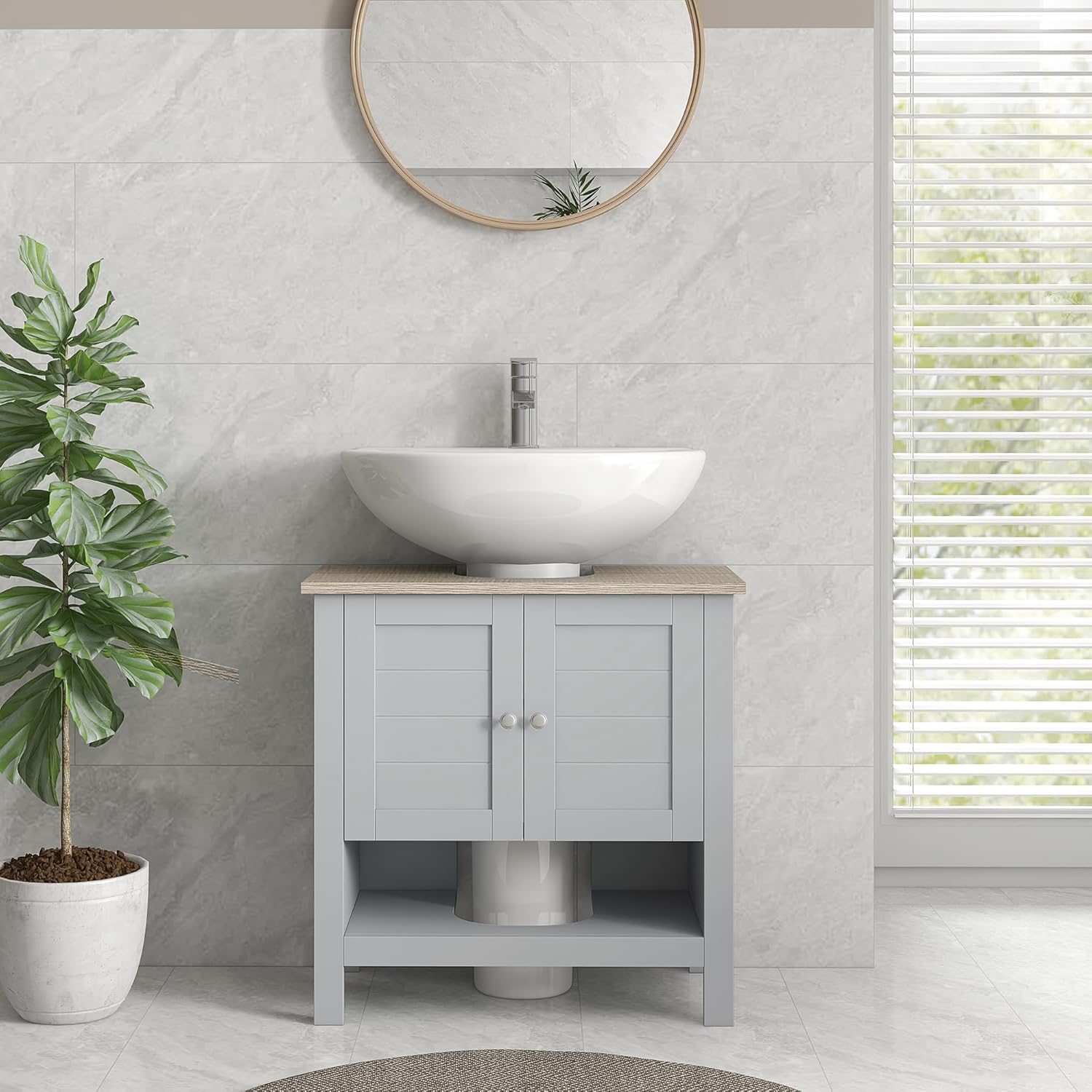 Kleankin Pedestal Sink Storage Cabinet, Under Sink Bathroom Vanity with Adjustable Shelf and Open Bottom Shelf, Gray