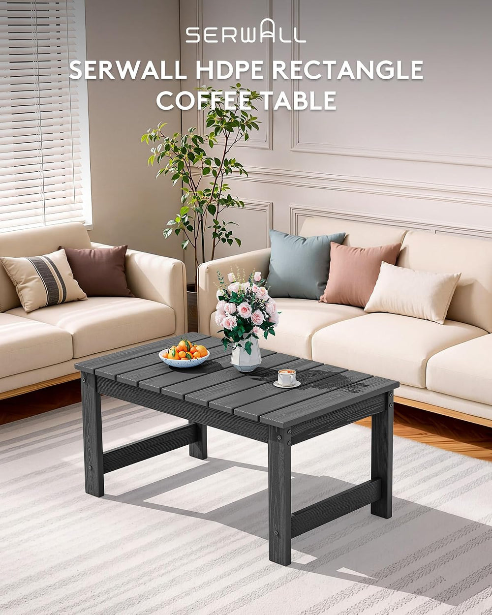 SERWALL Outdoor Coffee Table with 1.69" Umbrella Hole, HDPE Patio Coffee...