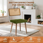 GarveeHome Natural Rattan Dining Chairs Set of 2, Velvet Upholstered Kitchen Chairs with Tall Cane Backrest and Strong Wood Legs for Dining Room, Kitchen, Restaurant, Green