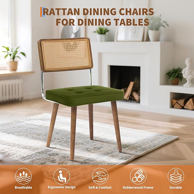GarveeHome Natural Rattan Dining Chairs Set of 4, Velvet Upholstered Kitchen Chairs with Tall Cane Backrest and Strong Wood Legs for Dining Room, Kitchen, Restaurant, Green
