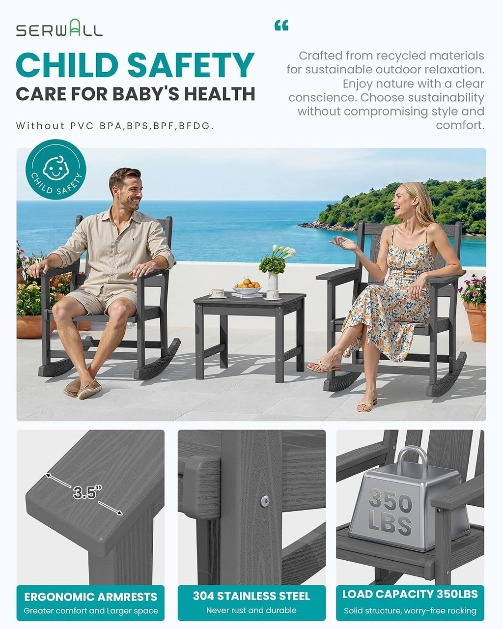 SERWALL 3-Piece Patio Furniture Set with 2 Rocking Chairs & Table, Grey | All-Weather HDPE Bistro Set: Includes rocking chairs and table with umbrella hole for cozy outdoor leisure and relaxation.