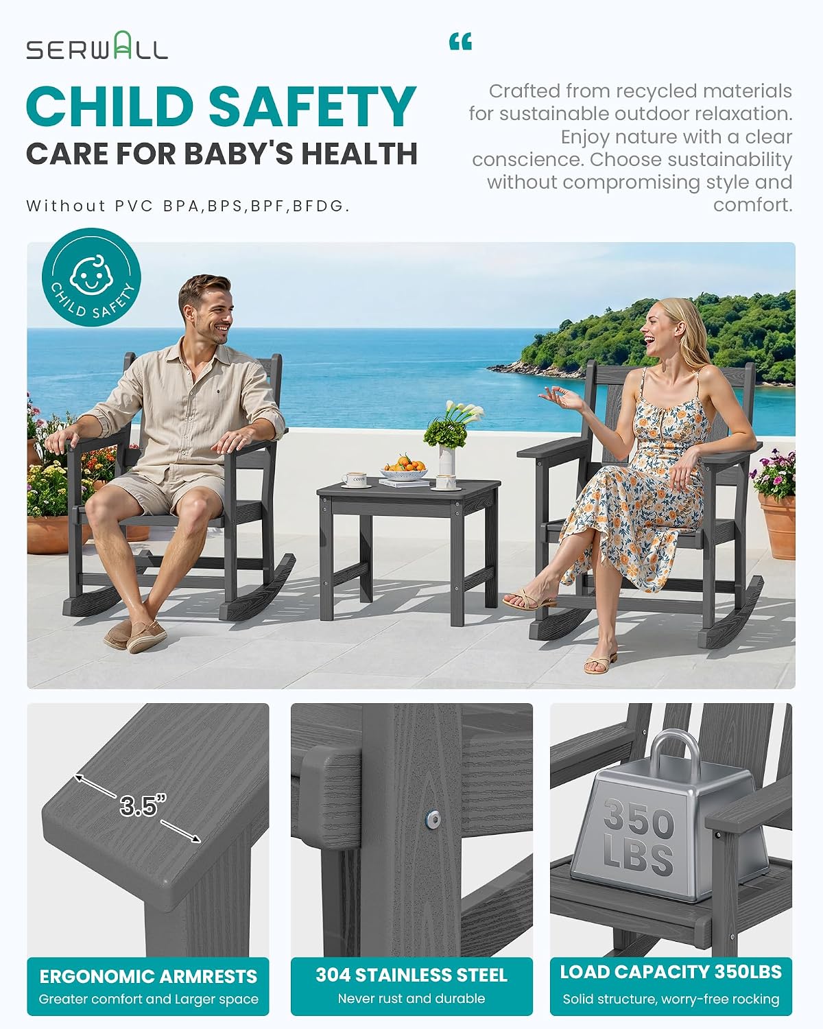SERWALL 3-Piece Patio Furniture Set with 2 Rocking Chairs & Table, Grey | All-Weather HDPE Bistro Set: Includes rocking chairs and table with umbrella hole for cozy outdoor leisure and relaxation.