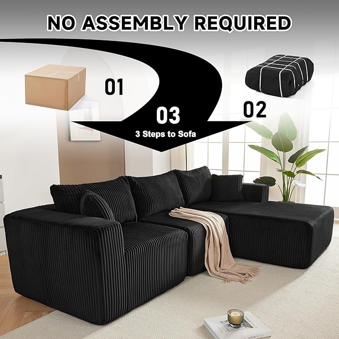97" Modular Sectional Sofa, L-Shaped Boneless Couch with Deep Seat, Cozy Cloud Couch Sectional with Convertible Ottoman, Modern Sectional Couches for Living Room（ Black）