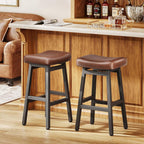 Raynesys 29 Inche Bonded Leather Counter Height Bar Stools Set of 2 Curved | Barstools with Curved Bonded Leather Seats & Heavy Duty Metal Legs for Kitchen Counter, Easy Assembly, Brown/Black