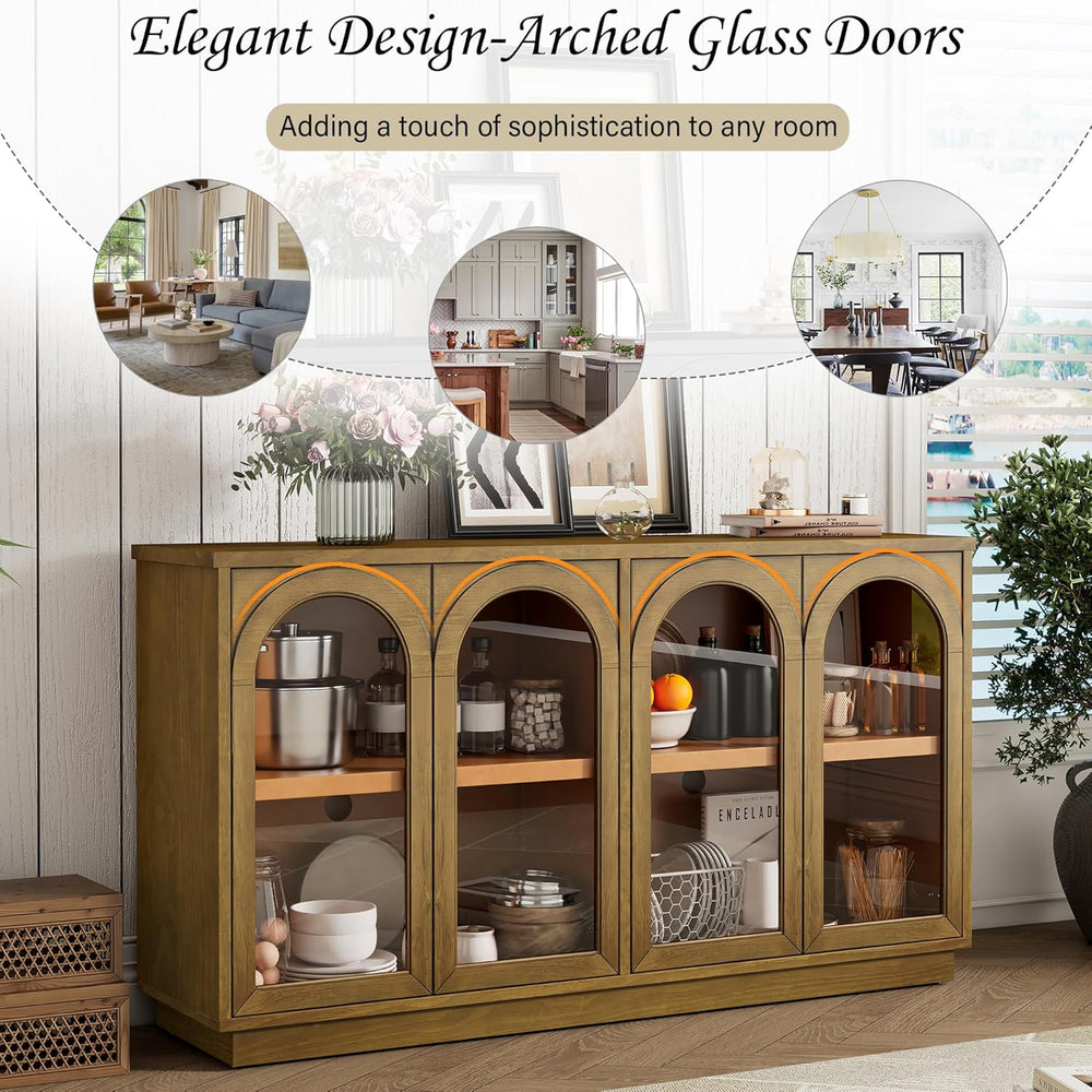 SOFTSEA Farmhouse 58" Sideboard with Adjustable Shelves, Glass Arch Buff...